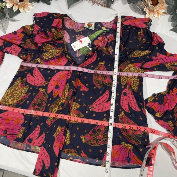 NWT Farm Rio [ Small ] Patchwork Bananas Ruffle Long Sleeve Blouse in Blue‎ - Picture 12 of 13